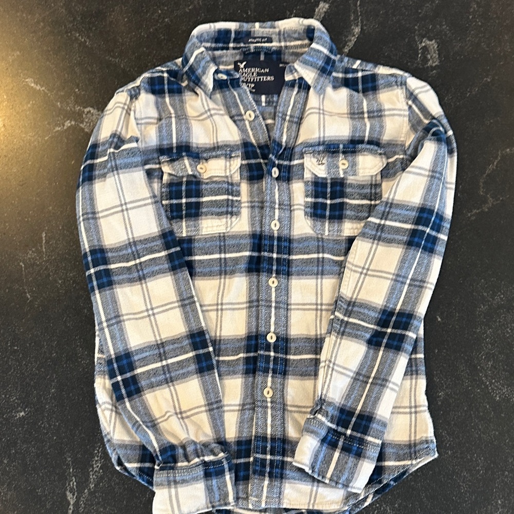American Eagle Outfitters Navy and White Checkered Flannel Shirt